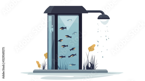 A digital illustration depicts a tall, rectangular aquarium. The aquarium is transparent, showcasing several small dark-colored fish swimming within.  The tank is situated on a small, light-colored