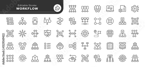 Workflow line icon set. Process, activity, organization, productivity, sequence, scheme, gear, block, template and more. Outline vector icon in linear style. Pictogram collection
