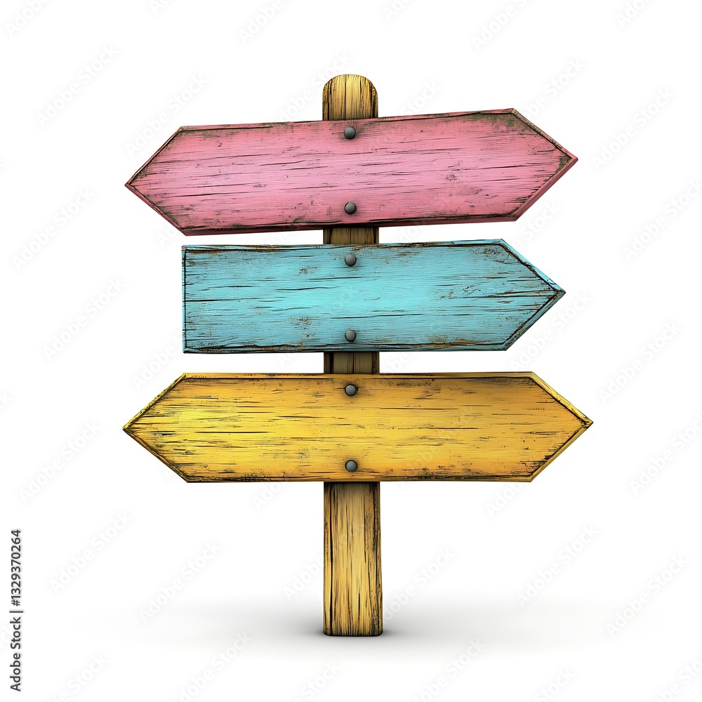 Naklejka premium Colorful Rustic Wooden Signpost with Arrow Directions, Blank Space, 3D Render