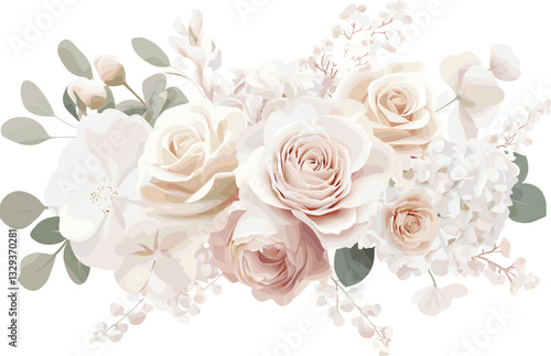 Dusty pink and cream rose, peony, hydrangea flower, tropical leaves vector garland. Dusty pink and cream rose, peony, hydrangea flower, tropical leaves vector garland wedding bouquet