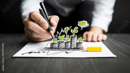 Business strategist sketching a financial projection on a virtual screen, data-driven success planning, modern office setting with ambient lighting, cinematic sharpness, hyper-detailed investment