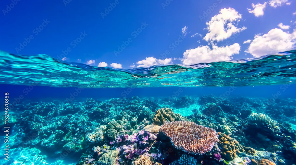 Fototapeta premium Vibrant coral reef under clear blue waters near tropical coastline