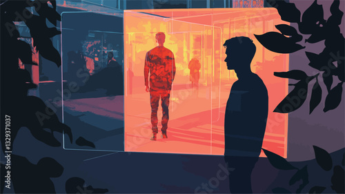 The illustration depicts a stylized silhouette of a man standing outdoors at night, observing a brightly lit interior scene through what appears to be a large window or screen. The interior scene