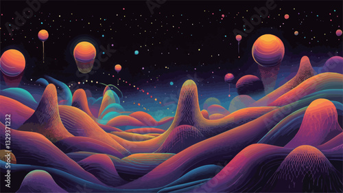 The image is a digital illustration depicting an abstract landscape. The landscape consists of smooth, flowing forms in shades of orange, purple, blue, and pink, resembling a nebula or cosmic
