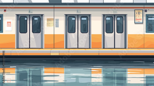 The image shows a stylized illustration of a section of a train car at a station platform. The focus is on the train doors, which are predominantly grey and steel with orange accents.?The doors are