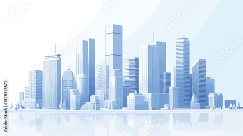 A digital illustration depicting a stylized cityscape skyline. The image features numerous skyscrapers rendered in shades of light blue against a bright white background. The buildings are