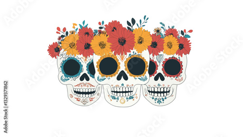 A digital illustration depicting three stylized sugar skulls arranged side-by-side. Each skull is adorned with a crown of colorful flowers, primarily in shades of orange, red, and yellow.  The