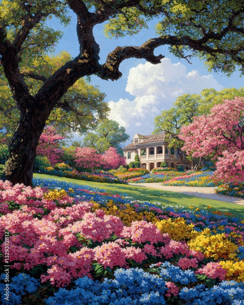 Naklejka premium A serene landscape showcasing a charming house surrounded by vibrant flowers and lush trees under a bright sky.