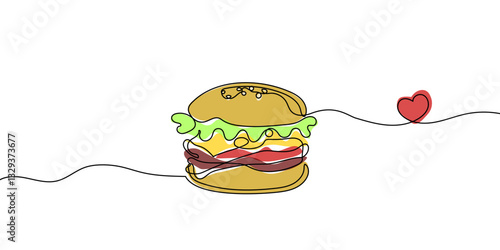 Continuous one line drawing of burger. Single line drawing of hamburger . Silhouette of fast food restaurant burger with cheese, cutlet and salad. Modern design street food logo, banner
