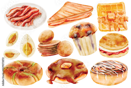 Watercolor Breakfast Food Set, Hand Paint, Realistic, Pancake, Waffle, Muffin, Cinnamon Roll, Toast, Bacon, Boiled Egg, Biscuit, Bakery, Vector, Illustration