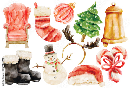 Watercolor Christmas Decorations Illustration Set, Hand Paint, Holiday Theme, Christmas Tree, Santa Hat, Snowman, Candy Cane, Bell, Stocking, Gift Wrap
