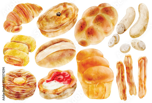 Watercolor Bakery and Breakfast Food Set, Hand Paint, Realistic, Sausage, Churro, Pretzel, Bread Roll, Brioche, Croissant, Puff Pastry, Jelly Filled Pastry, Vector, Illustration