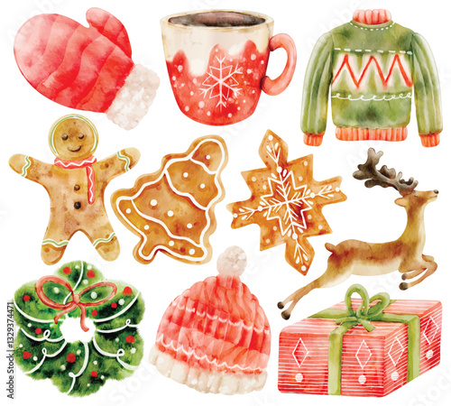 Watercolor Christmas Sweets and Gifts Illustration Set, Hand Paint, Holiday Theme, Gingerbread, Hot Cocoa, Wrapped Gift, Christmas Cookie, Snowflake, Reindeer, Winter Decor, Festive Celebration