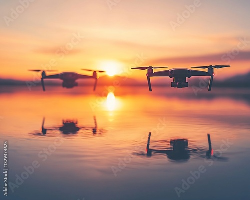 Two drones flying over calm lake at sunset.