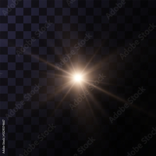 Golden shining light effect.Bright sun sparkles with stars and sparkles.