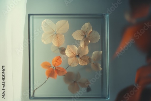 Pressed, delicate leaves languish beautifully in a glass frame, reflecting light and shadow, capturing the fragile allure of nature's decay.