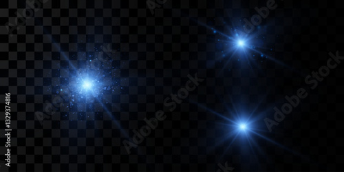 Bright particles, burning blue lights, stars, lasers. Vector.