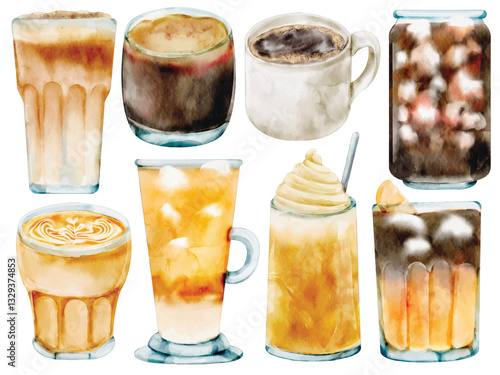 Watercolor Coffee Drinks Illustration Set, Hand Paint, Realistic, Latte, Espresso, Cappuccino, Macchiato, Mocha, Americano, Iced Coffee, Frappuccino, Hot Chocolate, Transparent Background