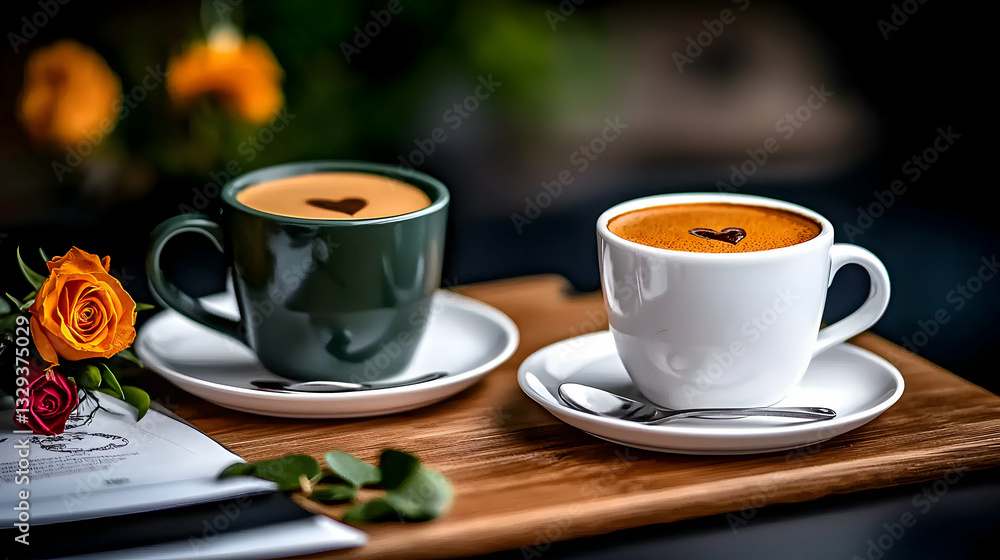 Fototapeta premium Two cups of coffee with heart shapes and flowers present