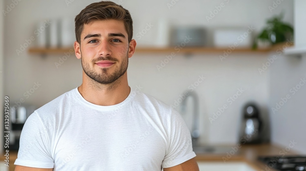Fototapeta premium Caucasian adult male diligently washing dishes in a tidy organized kitchen interior Responsible home chore and lifestyle routine
