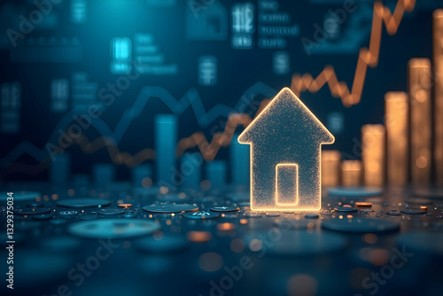 A glowing house icon is set against a backdrop of financial graphs, suggesting a focus on real estate and investments.