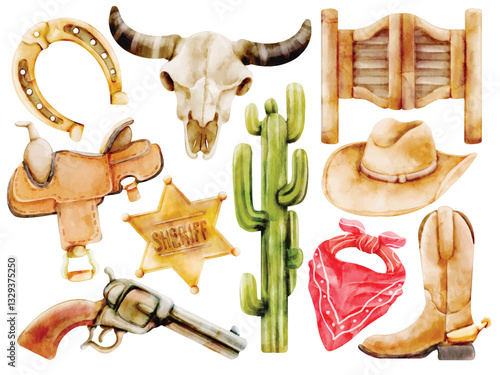 Watercolor Wild West Illustration Set, Hand Paint, Realistic, Cowboy, Western, Sheriff Badge, Revolver, Horseshoe, Saddle, Cactus, Bull Skull, Cowboy Hat, Boots, Bandana, Saloon Door, Rustic
