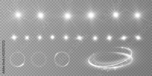 Set of lighting effects. Glare, glitter, rings, sun flares, frames, sparks, sequins, stars, curved curls. Glowing light with special effect