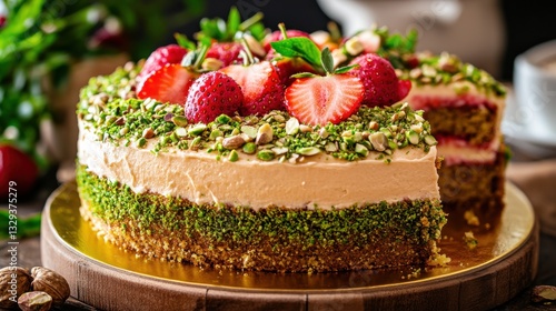 Wallpaper Mural Delectable Strawberry Cake with Pistachio Crumble and Fresh Fruit Garnish on Rustic Wooden Table  Homemade baked dessert with creamy frosting vibrant red strawberries Torontodigital.ca