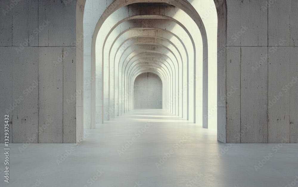 Fototapeta premium Empty concrete hallway arches modern architecture gray smooth surface bright natural lighting perspective lines empty space minimalist design industrial interior