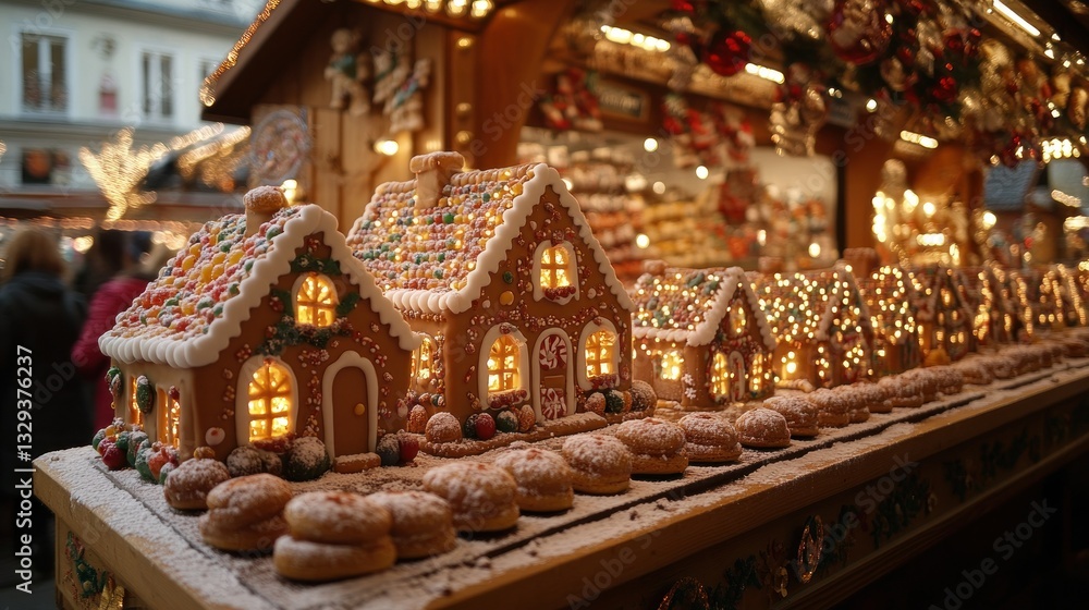 Obraz premium Festive gingerbread houses, illuminated at night
