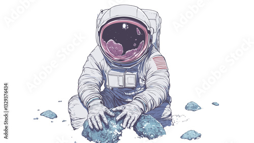 A stylized illustration depicting an astronaut in a white space suit seated on a light-grey surface, seemingly lunar. The astronaut is shown from the knees up, hands gently cradling small,