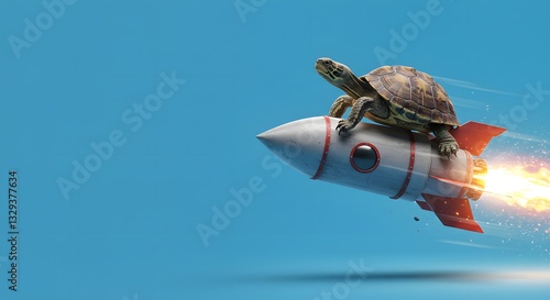 Turtle riding a rocket, surreal fast speed concept.