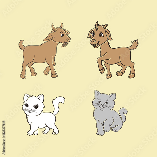 A charming illustration featuring adorable goats and cats in a simple cartoon style. Ideal for educational and creative designs.