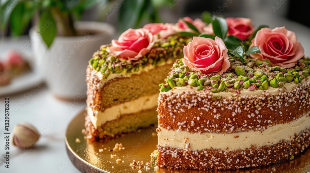 Elegant multilayered cake adorned with vibrant roses and scattered roasted nuts a tempting gourmet dessert perfect for special occasions like birthdays anniversaries or weddings Elegant multilayered cake adorned with vibrant roses and scattered roasted nuts a tempting gourmet dessert perfect for special occasions like birthdays anniversaries or weddings