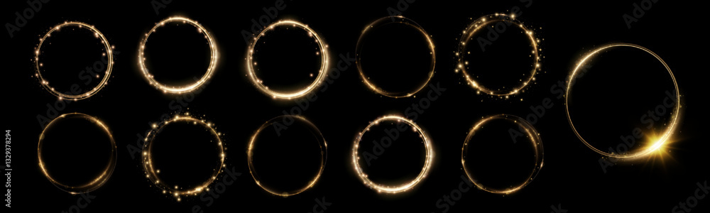 Golden Twirl. Golden line curve light effect. Glowing golden circle. Isolated set of round frames. Golden Twirl. Golden line curve light effect. Glowing golden circle. Isolated set of round frames.