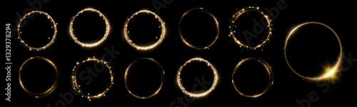 Golden Twirl. Golden line curve light effect. Glowing golden circle.  Isolated set of round frames.