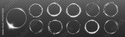 
Light white Twirl. White line curve light effect. Abstract luxury vector white light flare, semicircle and sparkle effect. Glowing white circle. Isolated set of round frames or round lights