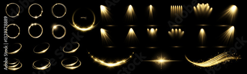 Glowing golden spiral. The effect of high-speed abstract lines. Rotating shiny rings. Glowing circular lines. Glowing ring trail. Spotlight.