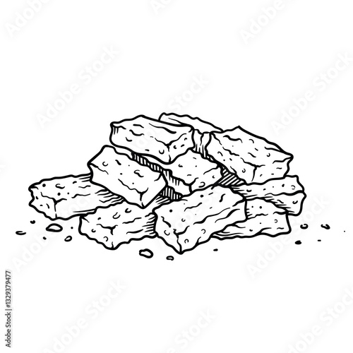 Black and white engraving of crispy garlic bread sticks, ideal for bar food visuals and party snacks, pub menus and beer snack branding