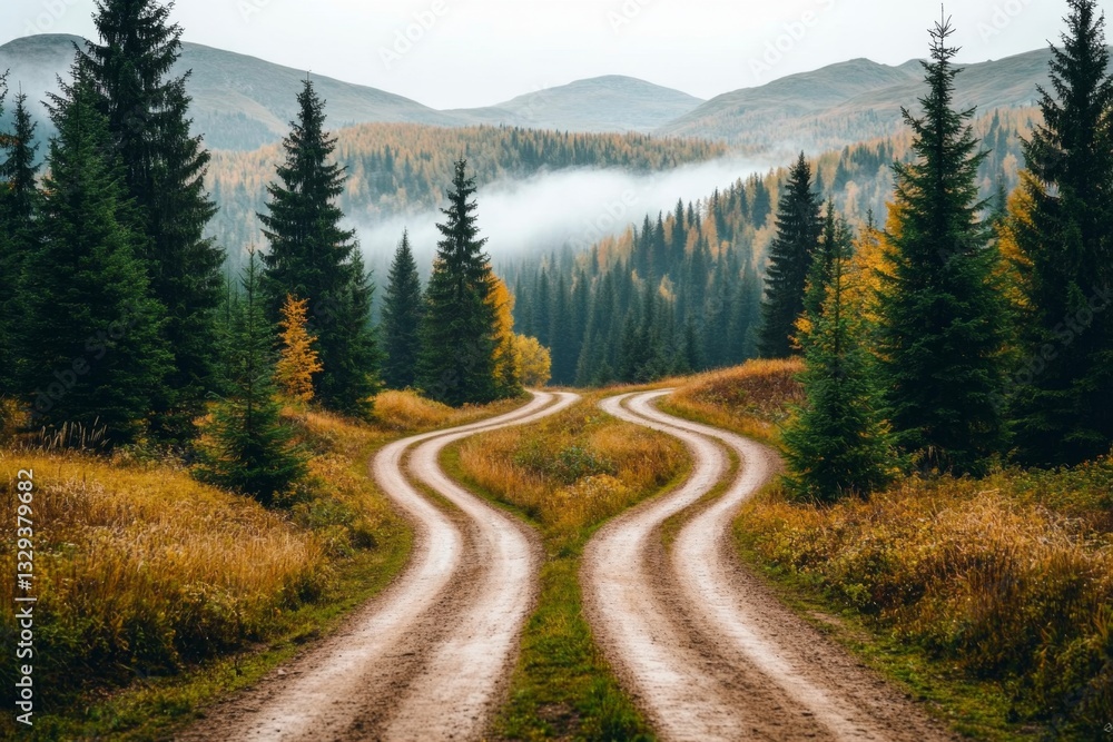 A symbolic image of a forked road in a natural setting, representing choices and different paths in life A symbolic image of a forked road in a natural setting, representing choices and different paths in life