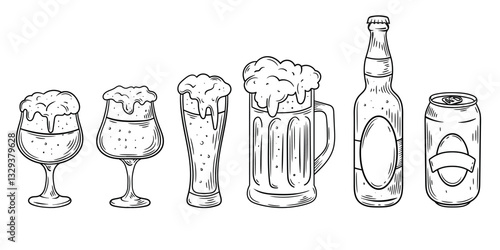 Hand-drawn black white vector illustration of various beer glasses, a beer bottle, and a beer can. Vintage engraving-style sketch is perfect for brewery branding, pub menus, and beer-related design