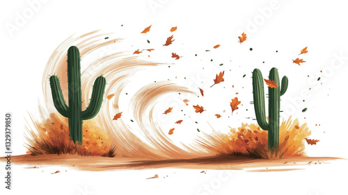 Digital illustration depicting a stylized sandstorm in a desert environment.  The central focus is a swirling mass of light beige sand, rendered with visible brushstrokes, creating a dynamic sense