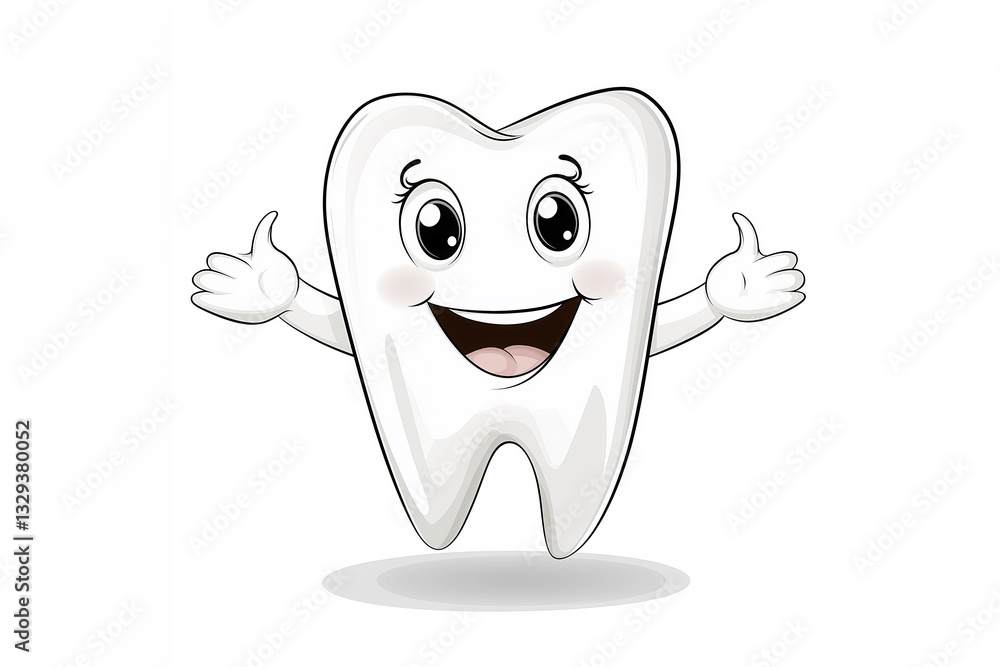 Happy cartoon tooth character promoting dental hygiene in playful manner with cheerful expression and welcoming gesture Happy cartoon tooth character promoting dental hygiene in playful manner with cheerful expression and welcoming gesture