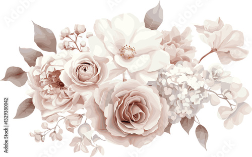 Dusty pink and cream rose, peony, hydrangea flower, tropical leaves vector garland. Dusty pink and cream rose, peony, hydrangea flower, tropical leaves vector garland wedding bouquet