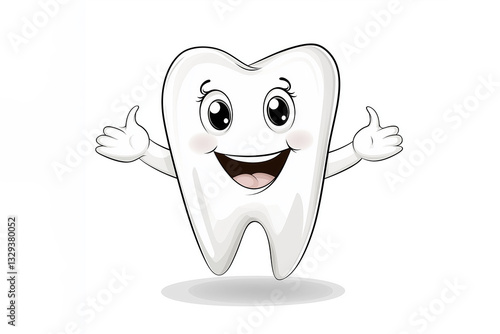 Happy cartoon tooth character promoting dental hygiene in playful manner with cheerful expression and welcoming gesture