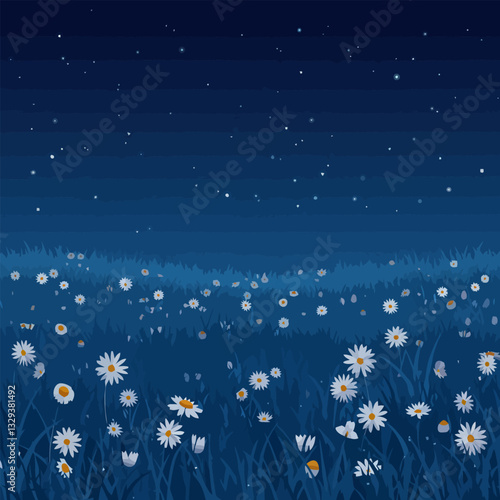 Daisy Field Under Starry Night Sky, Peaceful Nature Landscape