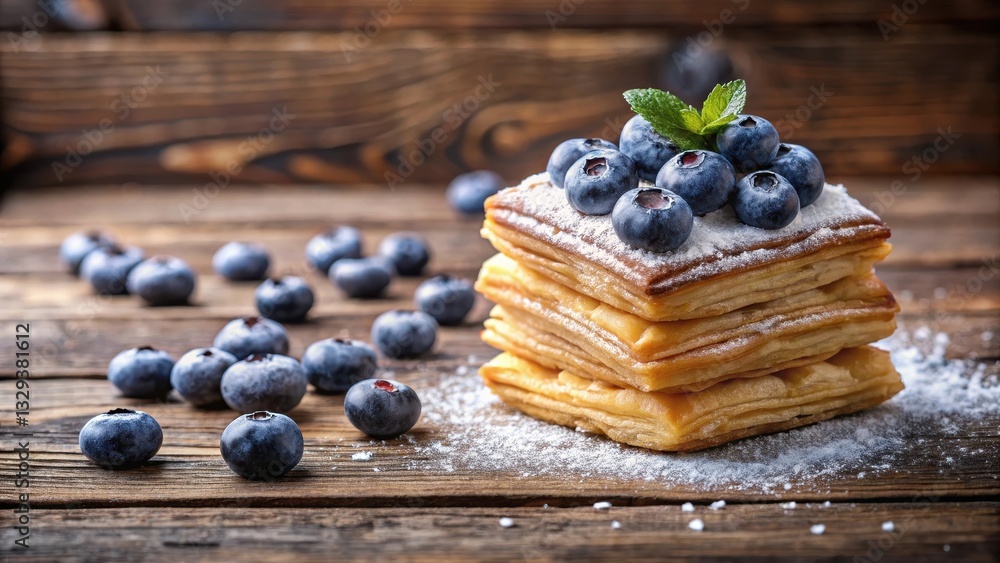 Delicate pastry layers are arranged with a scattering of juicy blueberries and a sprinkle of powdered sugar on a rustic wooden table, bakery, blueberries Delicate pastry layers are arranged with a scattering of juicy blueberries and a sprinkle of powdered sugar on a rustic wooden table, bakery, blueberries