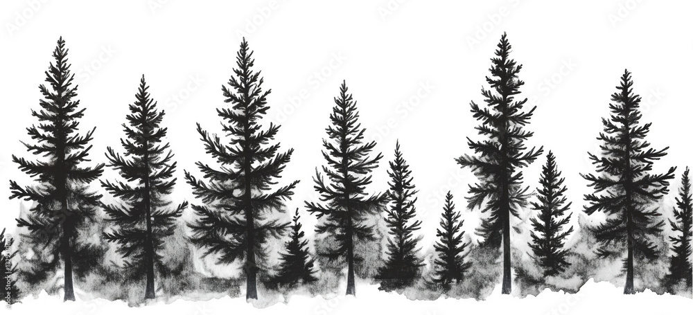 drawing of pine trees, isolated on a white background, vector illustration, brushwork design drawing of pine trees, isolated on a white background, vector illustration, brushwork design