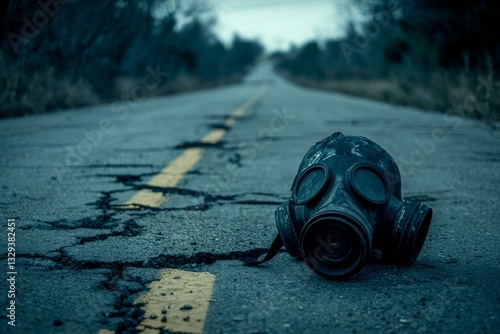 A desolate road with a gas mask in the center, suggesting post-apocalyptic solitude and survival themes. photo