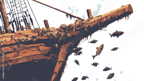 Close-up illustration of a portion of a weathered wooden ship's bow submerged in water.  The wood is heavily encrusted with barnacles and shows signs of decay and aging.  A school of fish is